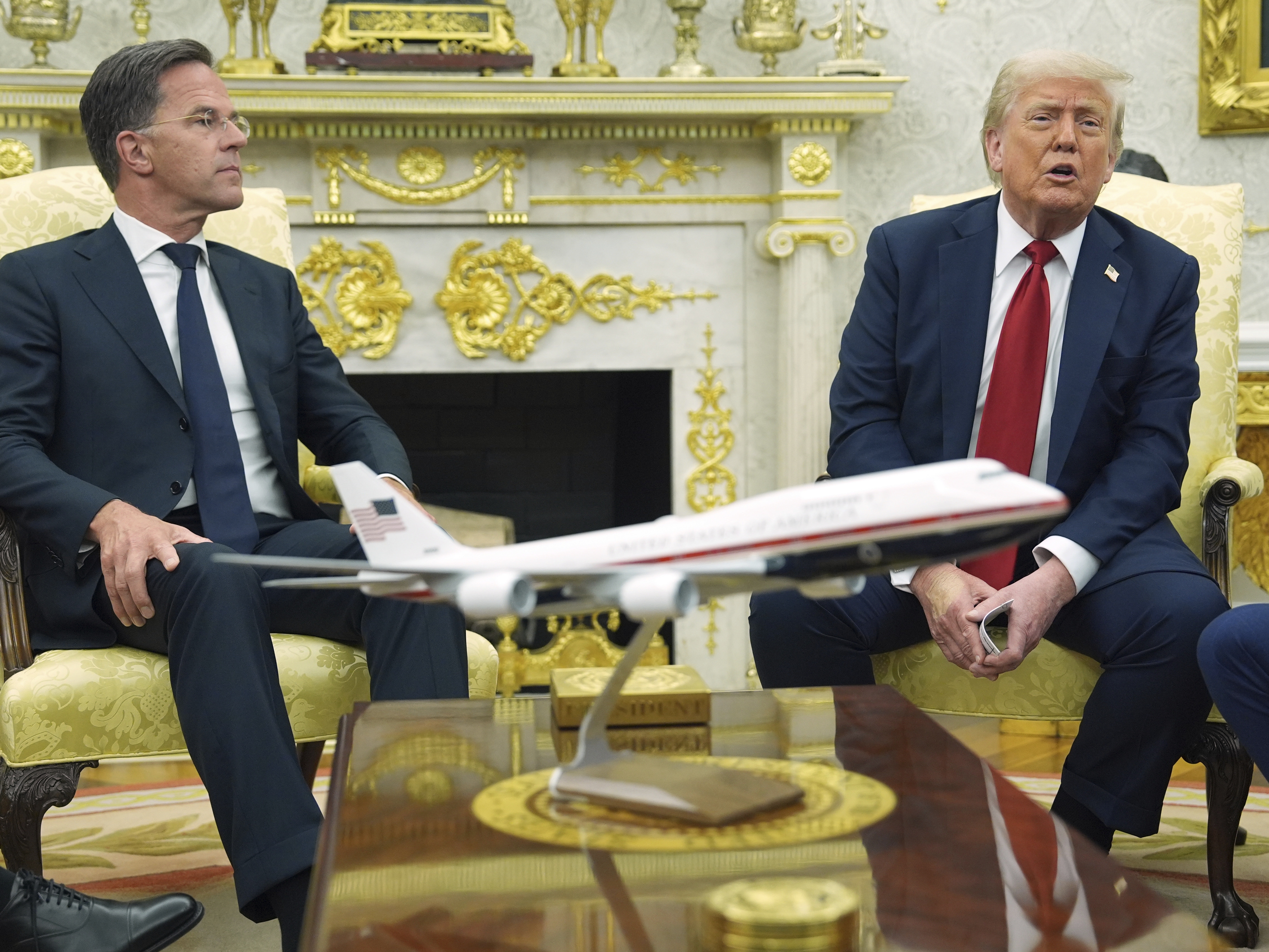 caption: President Trump meets with NATO Secretary-General Mark Rutte in the Oval Office of the White House, Monday.