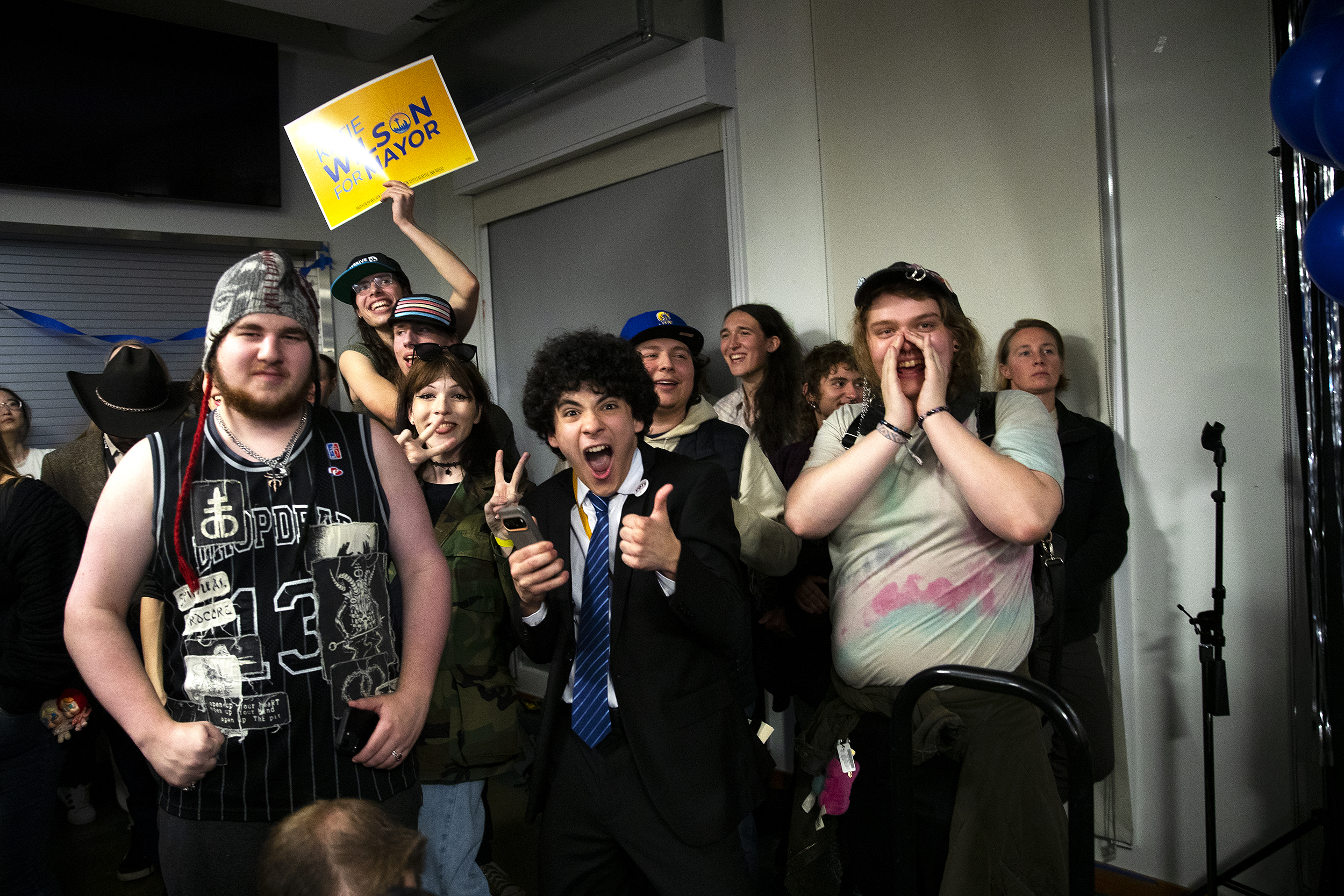 caption: Supporters of city of Seattle mayoral candidate Katie Wilson cheer before Wilson speaks during an election night party on Tuesday, Nov. 4, 2025, at El Centro de la Raza in Seattle. 