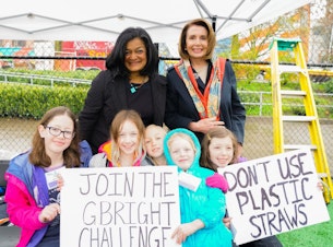 caption: U.S. Representatives Pramila Jayapal, Nancy Pelosi and activist friends at The March For Science