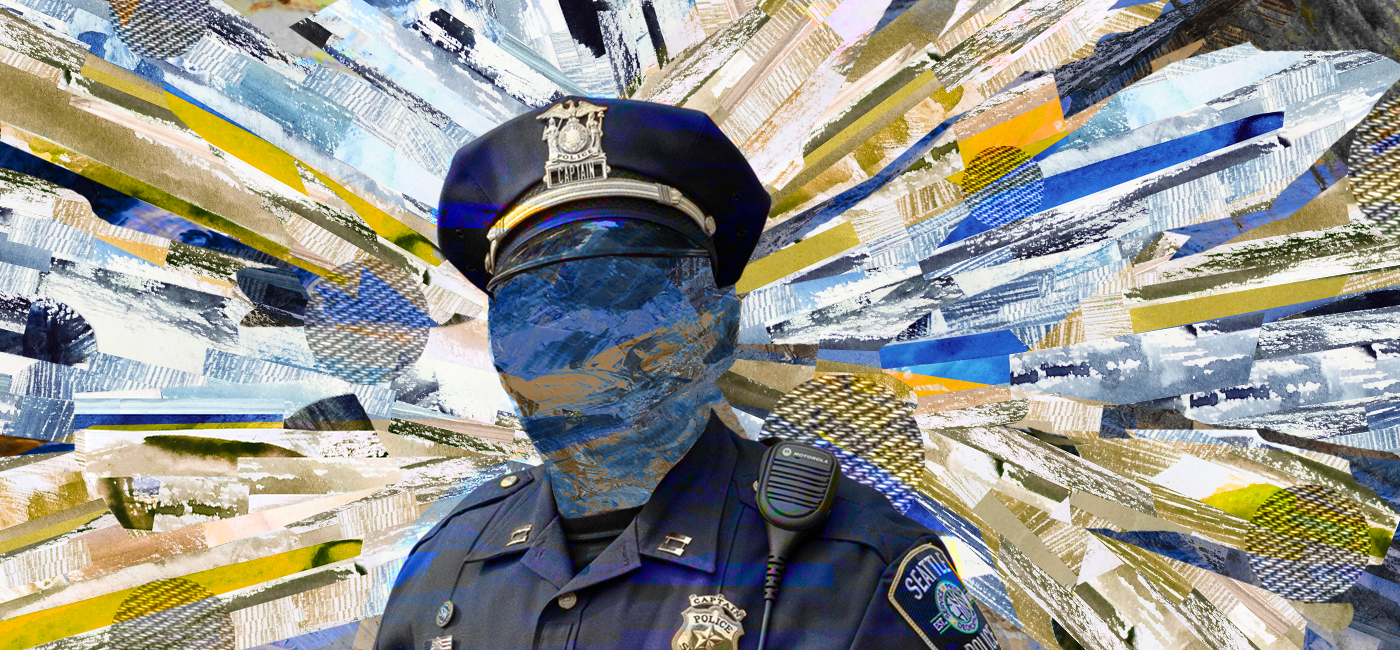 caption: Collage of Seattle police officer against textured background. Photo courtesy of Seattle Police Department.