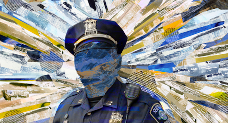 caption: Collage of Seattle police officer against textured background. Photo courtesy of Seattle Police Department.