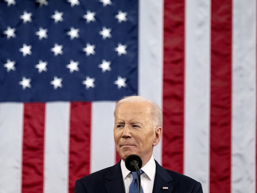 caption: President Joe Biden delivers the State of the Union address last March.