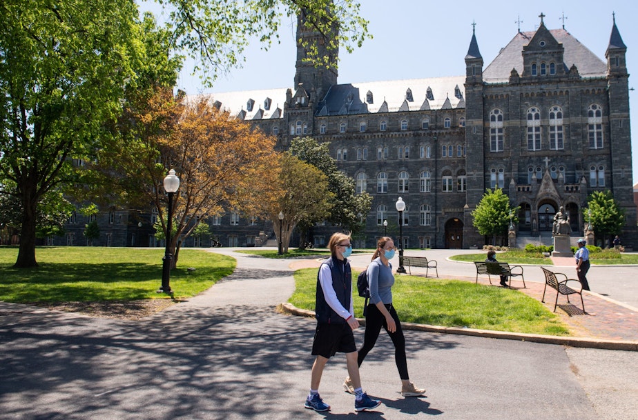 caption: The campus of Georgetown University is seen nearly empty as classes were canceled due to the coronavirus pandemic, in Washington, DC, May 7, 2020. (SAUL LOEB/AFP via Getty Images)
