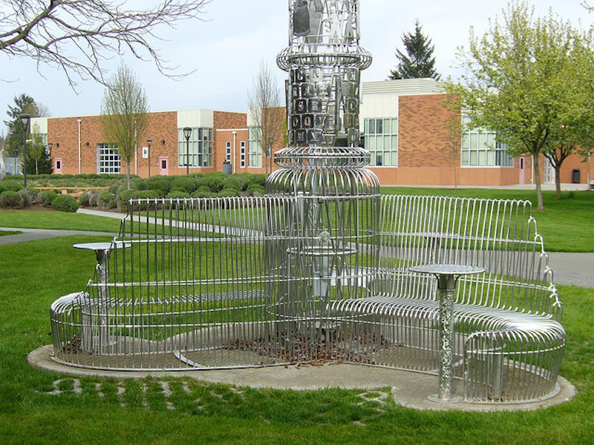 caption: A sculpture on the grounds of Bellingham Technical College where teachers are currently on strike.