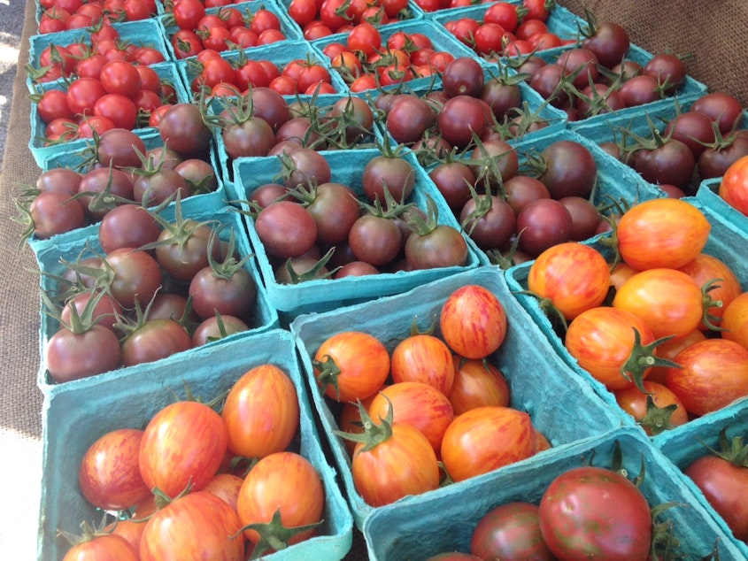 caption: Tomatoes at Queen Anne Farmers Market.