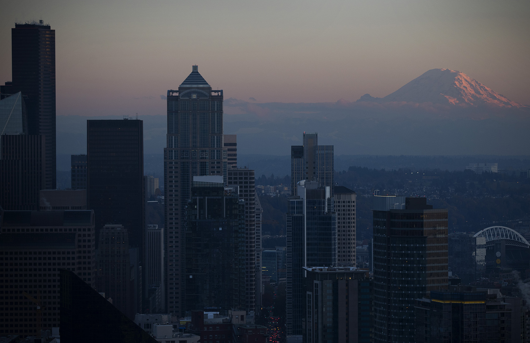 caption: A view of Mount Rainier is shown from the Space Needle on Monday, November 6, 2017, in Seattle. 