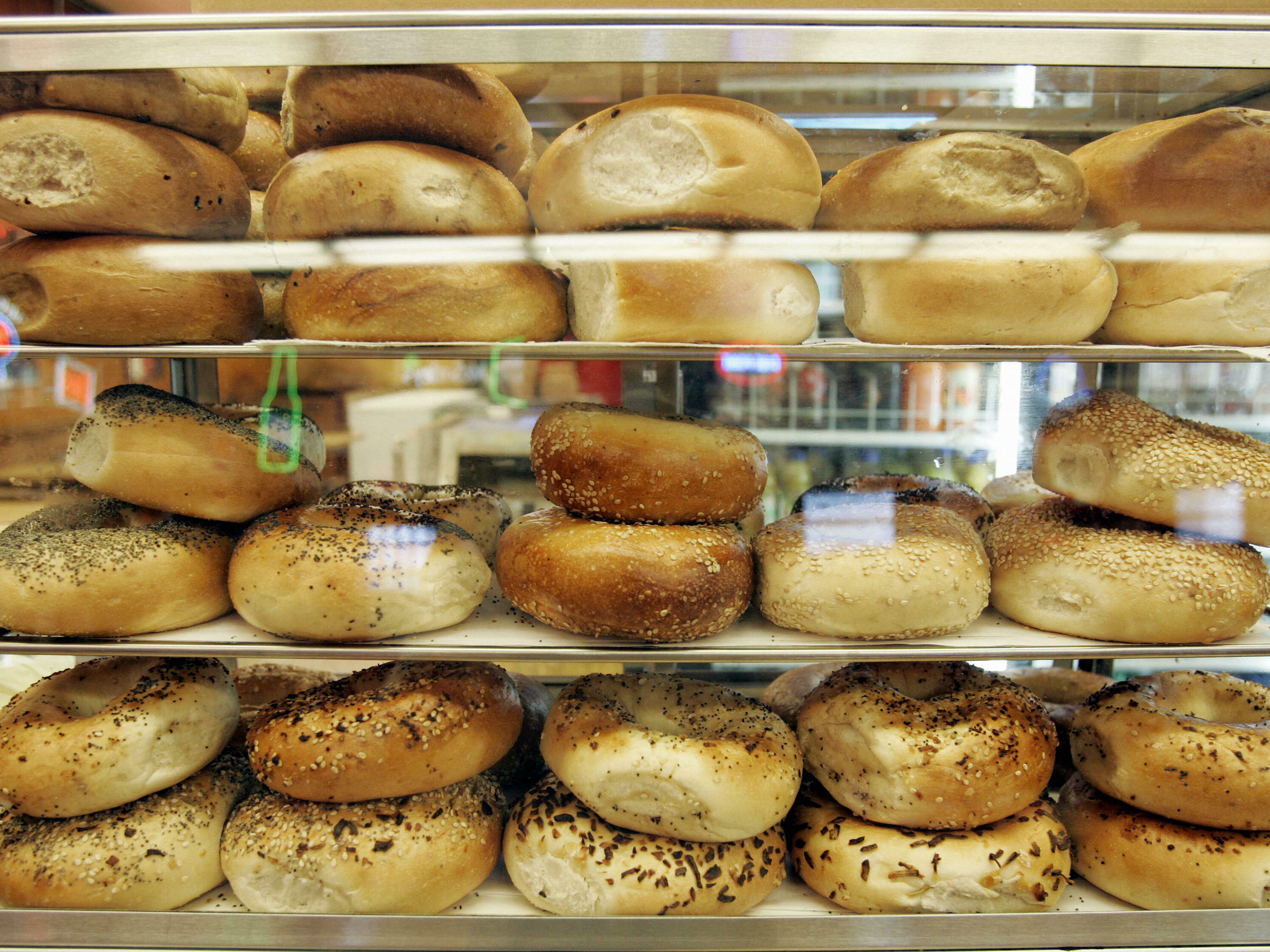 caption: Bagels on display at Katz's Delicatessen in Manhattan.