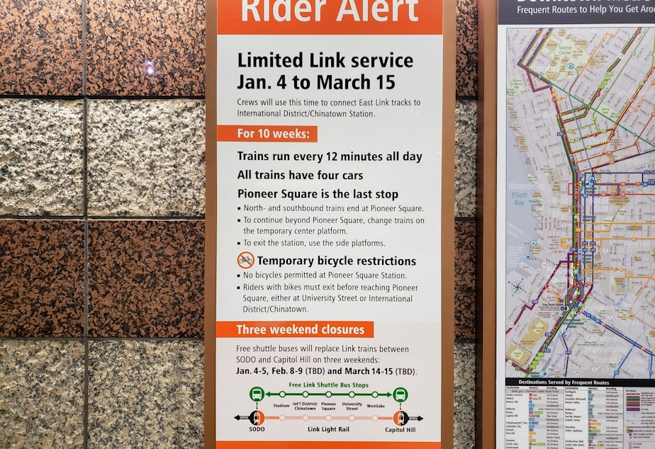 caption: Signage at the Pioneer Square station directs riders on how to navigate light rail over the next ten weeks through downtown. Thursday, January 2nd, 2020.