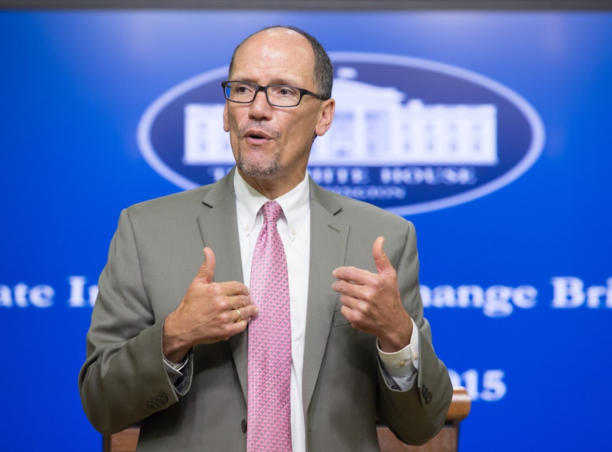 caption: Secretary of Labor  Tom Perez says he wants voters in Washington state to approve Initiative 1433, which would raise the state's minimum wage to $13.50 over several years. 