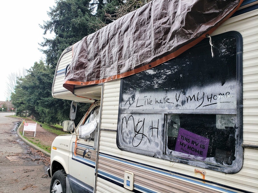 caption: Most of the RVs at Green Lake Park had some sort of sign that read, "this RV is my home." Monday, Dec. 20, 2021.
