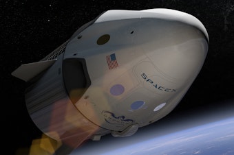caption: An arist's depiction of SpaceX's Crew Dragon, which is set to take NASA astronauts to the International Space Station May 27.