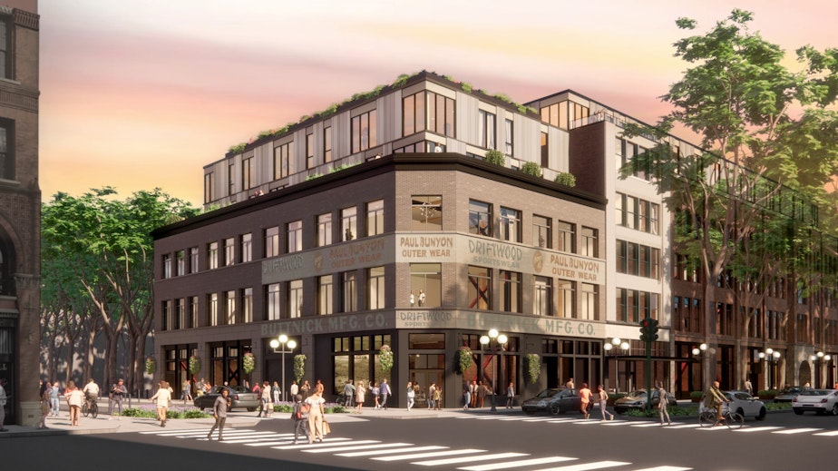 caption: The Buttnick Building is part of a whole block known as "The Grand Central Block." It fronts on Occidental Park and First Avenue. One proposal would turn the trio of buildings into apartments.