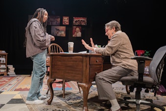 caption: Varinique 'V' Davis (left) and Amy Thone (right) in the Intiman Theater's production of "The Niceties."