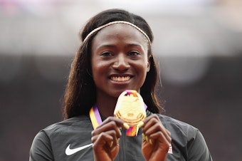 caption: Tori Bowie, who captured gold as a sprinter in the Olympics and the world championships, died at age 32 from complications of childbirth, according to an autopsy report.