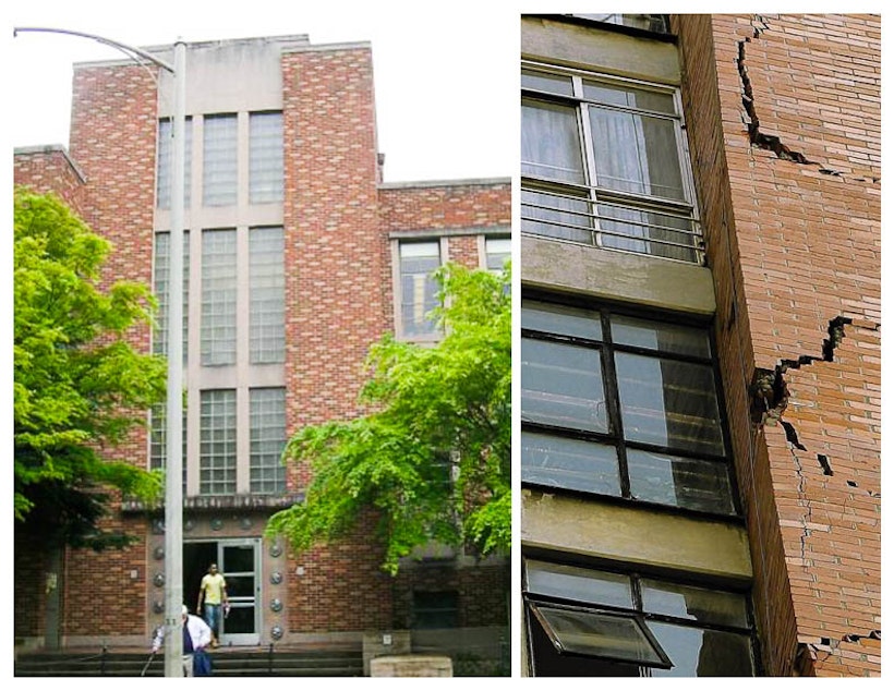 caption: More Hall on the University of Washington campus, left, and damage from the 7.1 earthquake that struck Mexico City, September 2017.