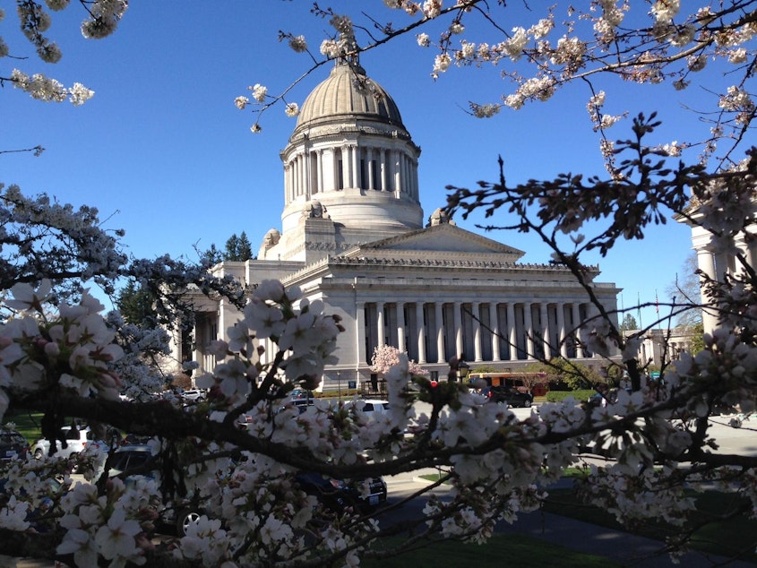 caption: In this file photo, the cherry blossoms are in bloom at the Washington state Capitol. On Friday, state lawmakers asked Gov. Jay Inslee to consider reopening some non-essential businesses that were closed because of the coronavirus.