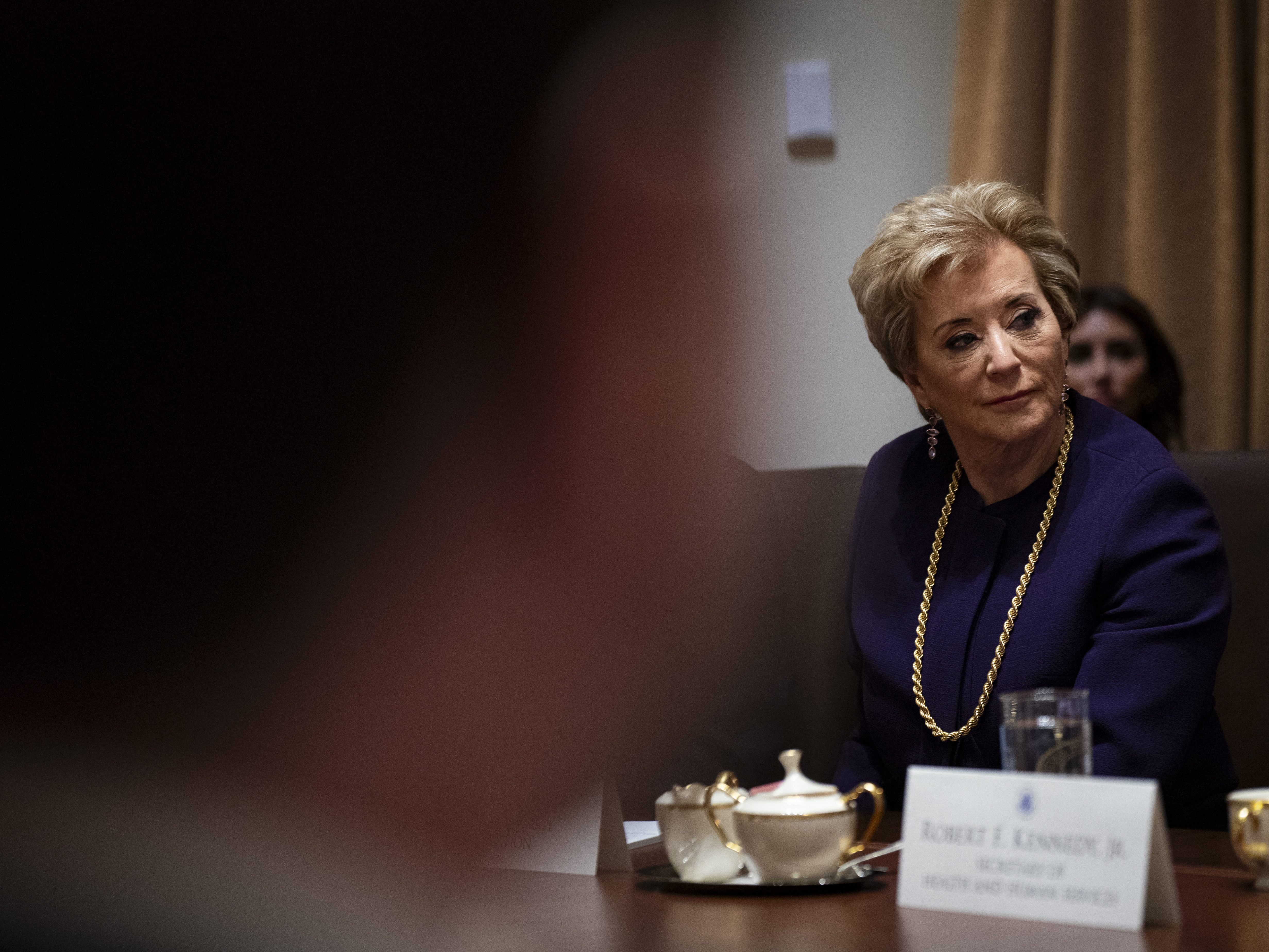 caption: U.S. Secretary of Education Linda McMahon, during a cabinet meeting at the White House in Washington, D.C..