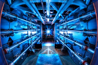 caption: The multi-billion dollar National Ignition Facility has used 192 laser beams to create net energy from a tiny pellet of nuclear fuel.