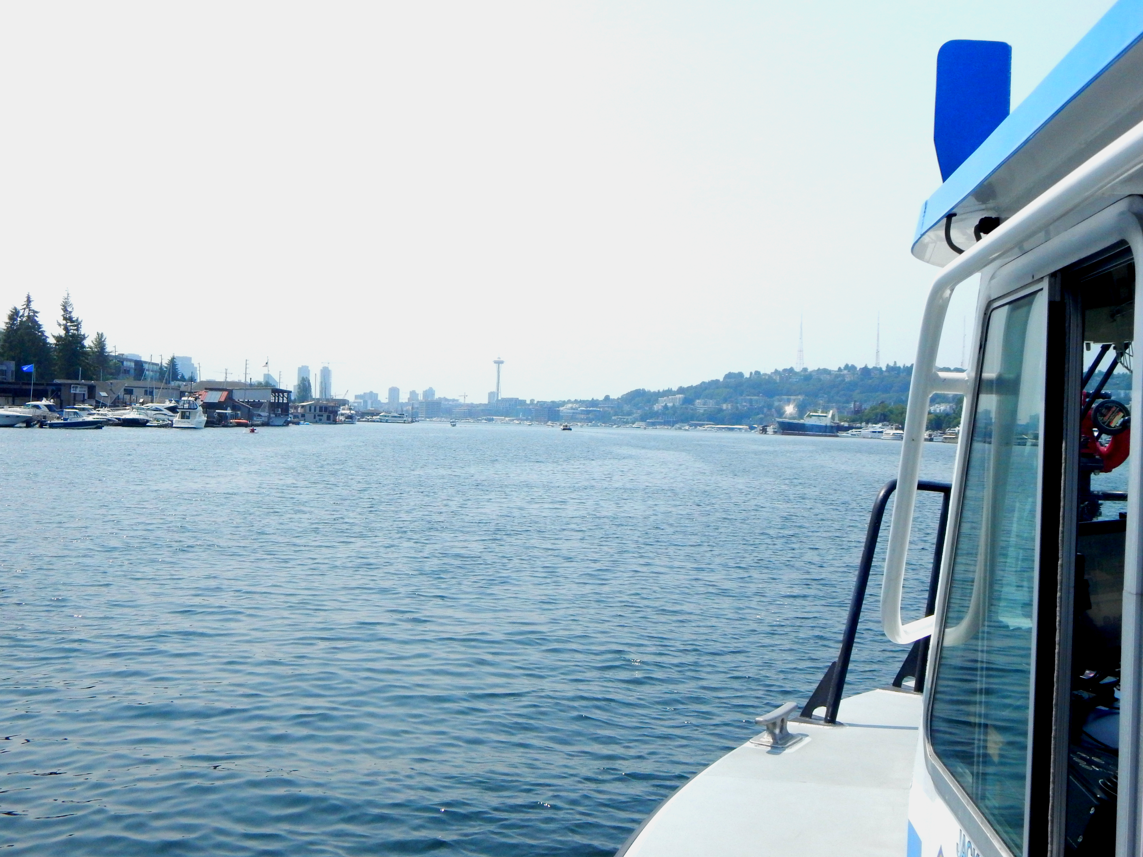 caption: A view of Lake Union from Seattle Harbor Patrol 2. Drownings often occur on sunny days and because of drunk boating.