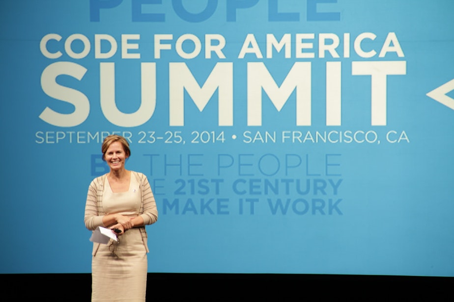 caption: Jennifer Pahlka at the 2014 Code For America Summit