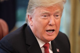 caption: If Saudi Arabia is responsible for a Saudi journalist's disappearance, the consequences will be "very severe," President Trump told <em>The New York Times.</em>