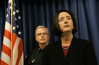 caption: Former Boston Police Commissioner Kathleen O'Toole at a press conference in 2005. O'Toole is a candidate for Seattle Police chief.