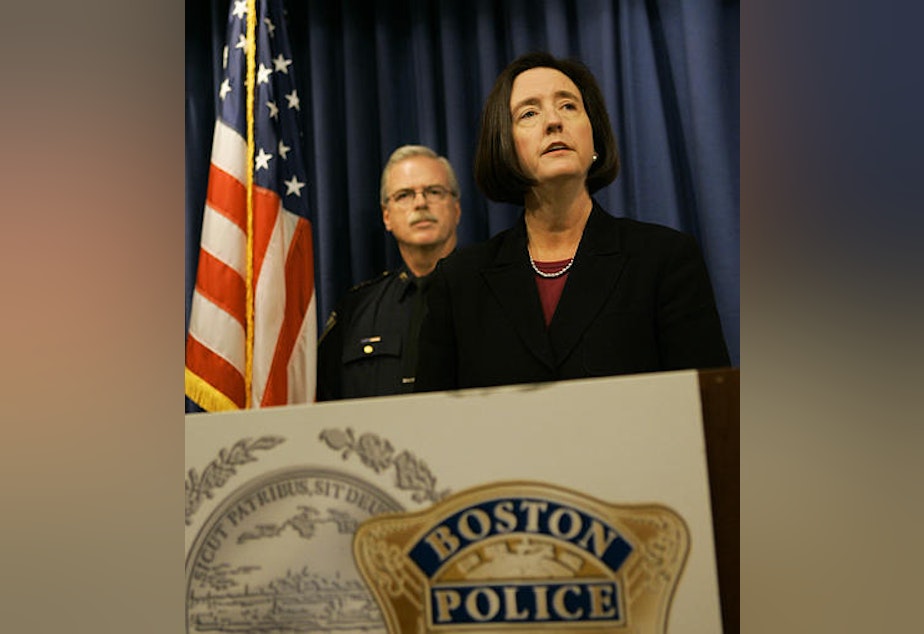 caption: Former Boston Police Commissioner Kathleen O'Toole at a press conference in 2005. O'Toole is a candidate for Seattle Police chief.