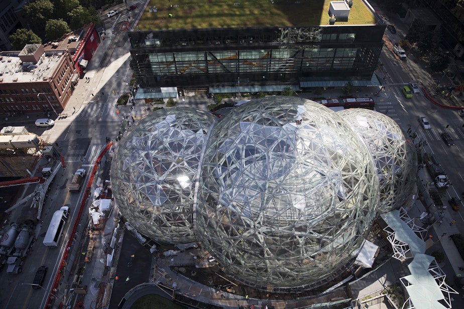 caption: Amazon's biospheres are shown on Friday, September 15, 2017, in Seattle. 