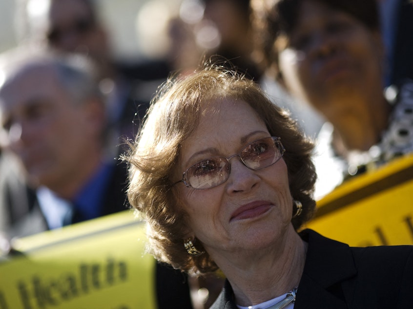 caption: Former First Lady Rosalynn Carter attends a rally at the US Capitol in March 2008 when she helped get the mental health parity law enacted. Carter died on Nov. 19 at age 96.