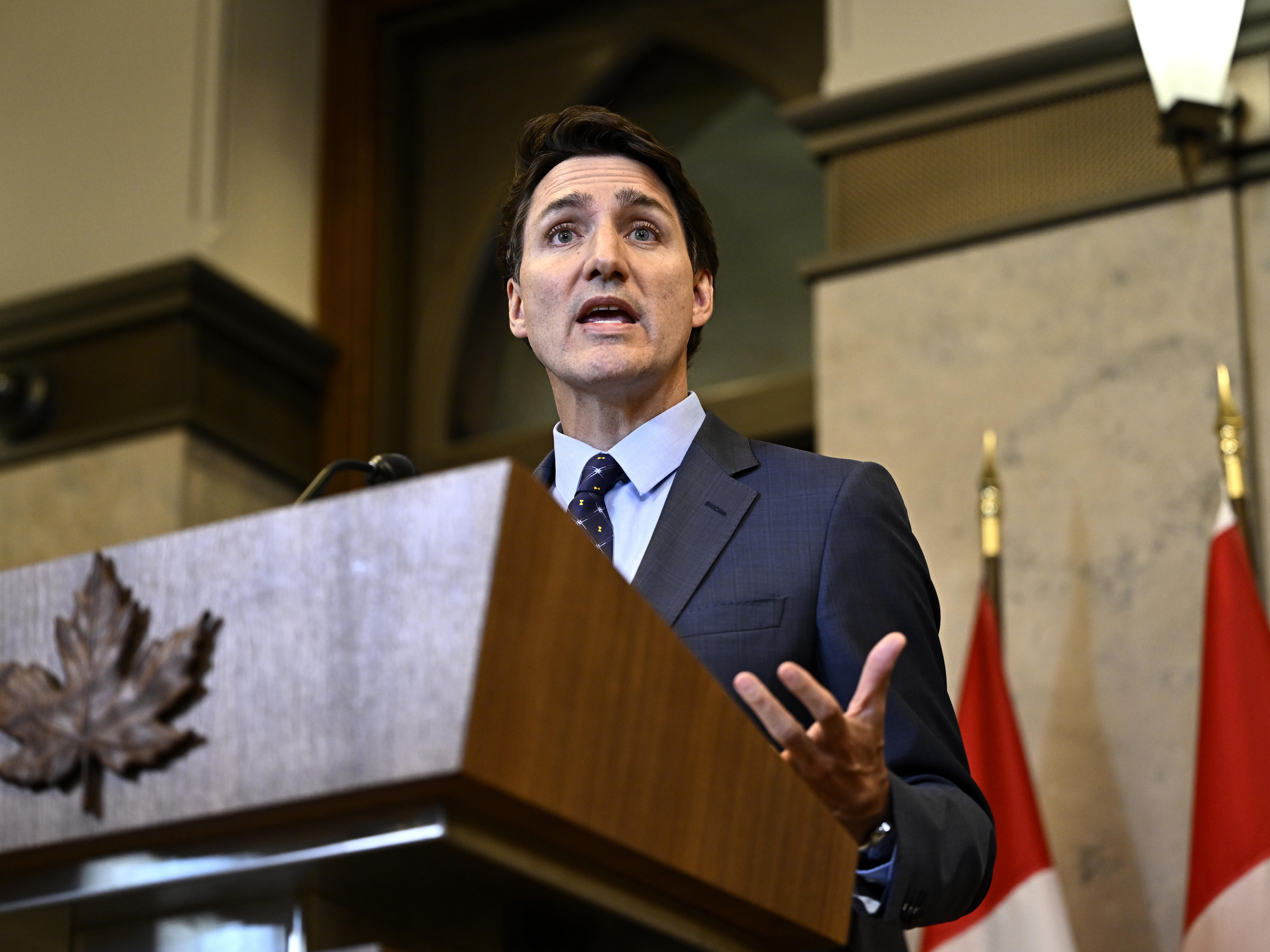 caption: Canadian Prime Minister Justin Trudeau speaks at a news conference on the investigative efforts related to violent criminal activity occurring in Canada with connections to India in Ottawa, Ontario, on Monday, Oct. 14, 2024.