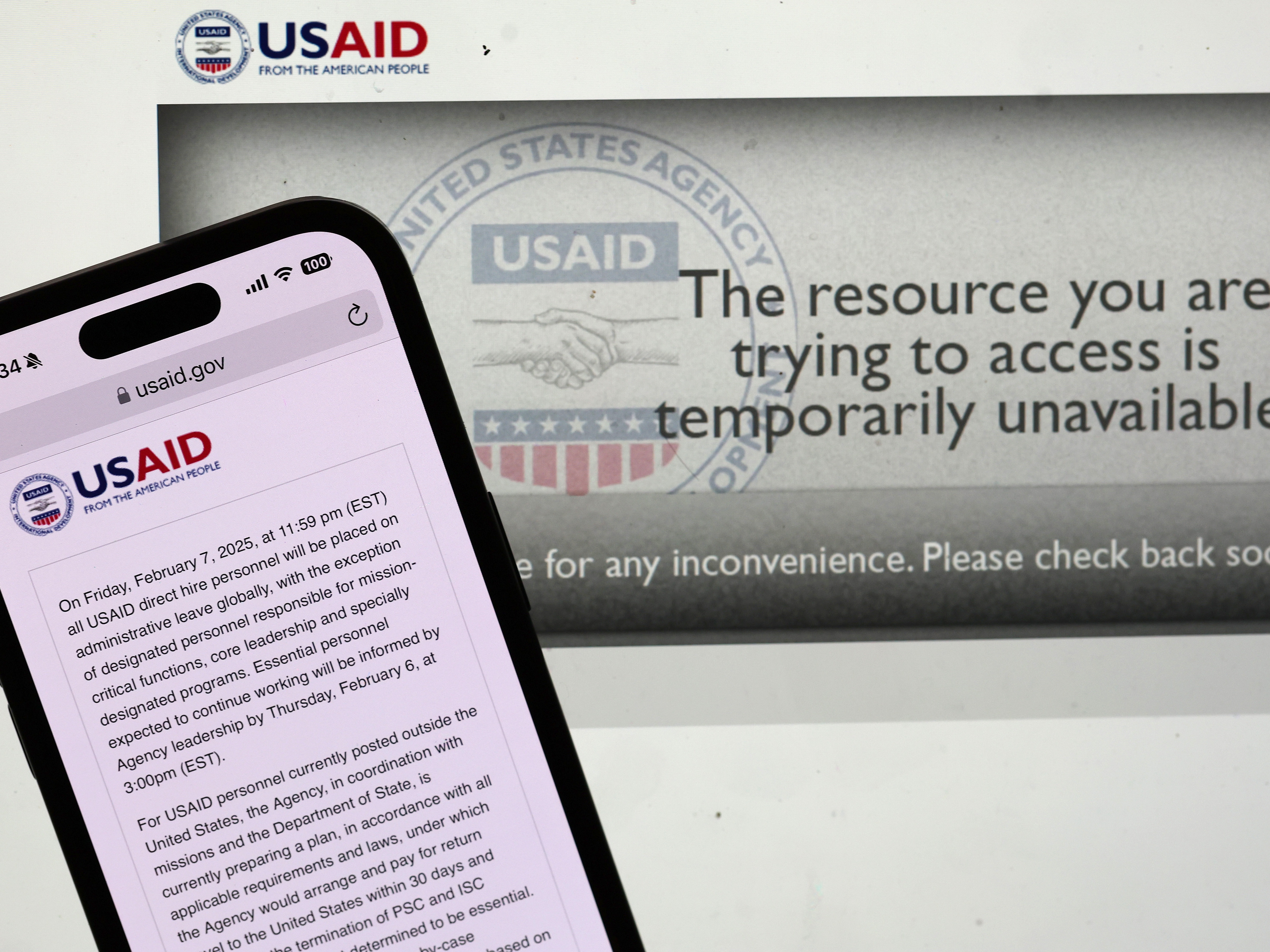 caption: In this photo illustration, a message appears on the U.S. Agency for International Development (USAID) website on Feb. 5. The Trump administration issued a directive late Tuesday night that all USAID direct hire personnel will be placed on administrative leave globally Friday at midnight.