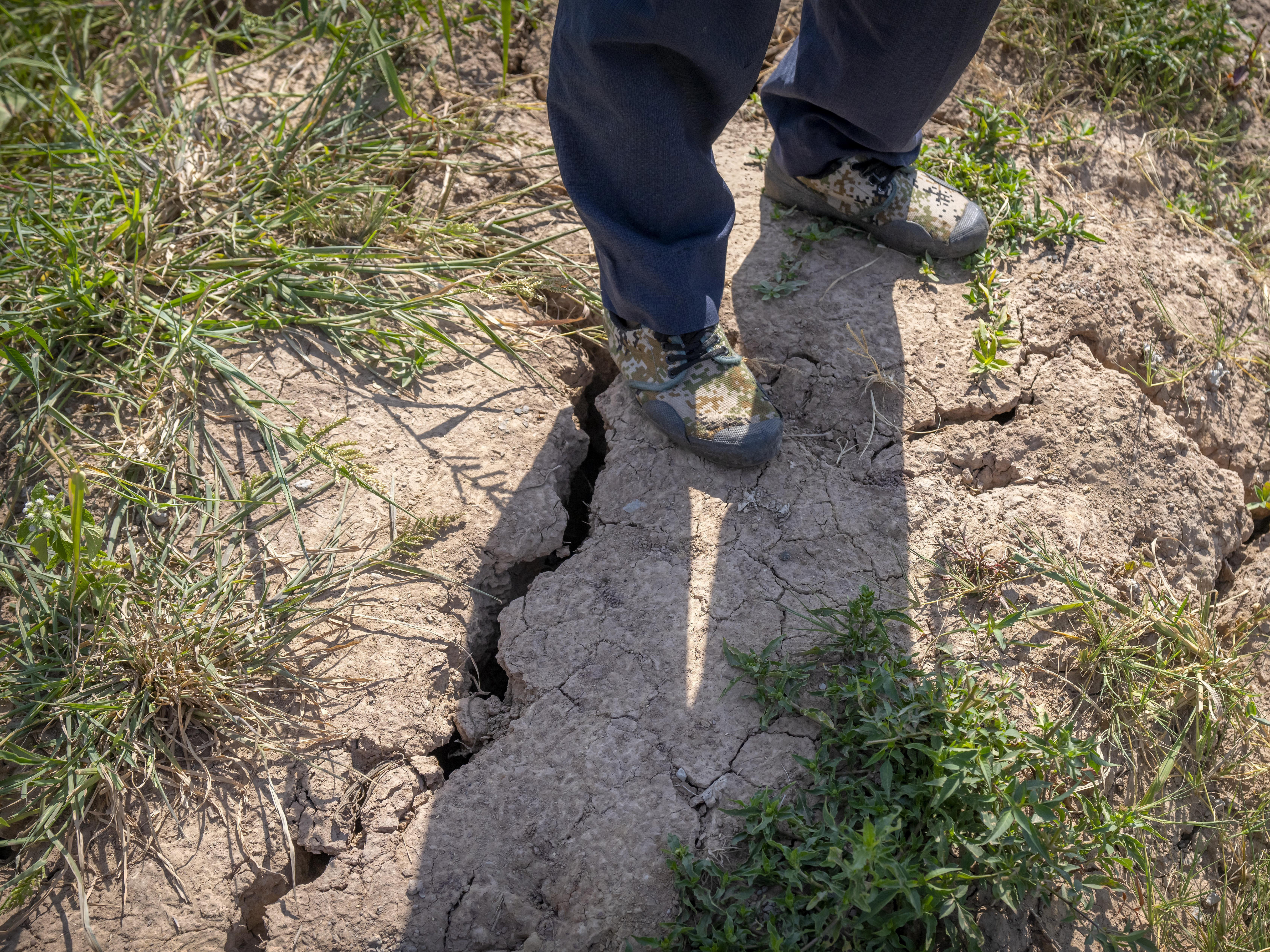 caption: A farmer stands above a deep crack in the dried mud of an earthen embankment in his rice fields near Chongqing, China, on Sunday. The government says it will try to protect China's grain harvest from record-setting drought by using chemicals to generate rain.