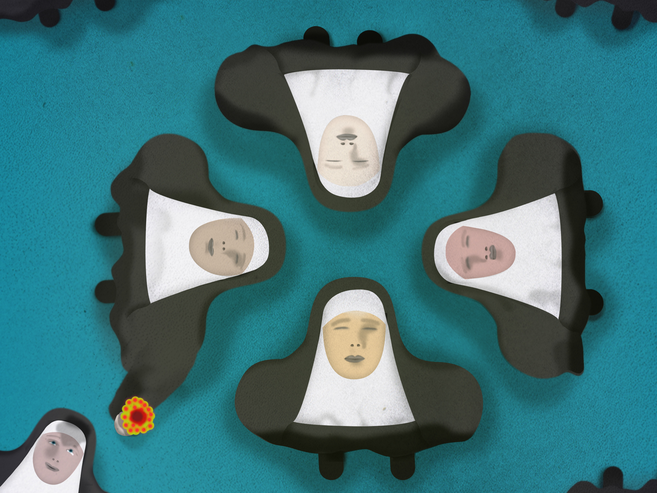 A group of nuns look upward toward the viewer, one holding flowers and another peeking at them.