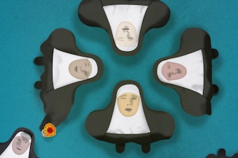 A group of nuns look upward toward the viewer, one holding flowers and another peeking at them.
