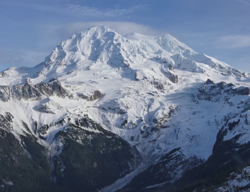 caption: The western face of Mount Rainier features (L-R) the North Mowich, Edmunds, South Mowich, Puyallup, and Tahoma glaciers, documented by an aerial reconnaissance flight on Nov. 21, 2021.