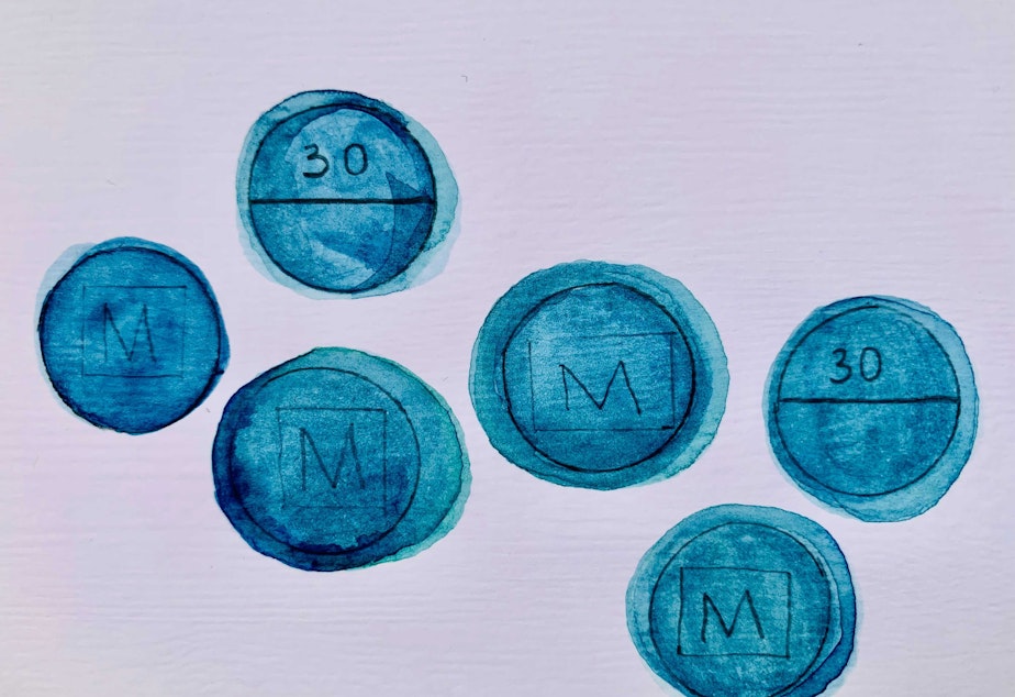 caption: An illustration of illegal fentanyl pills, which a manufactured to look like legitimate oxycodone. 