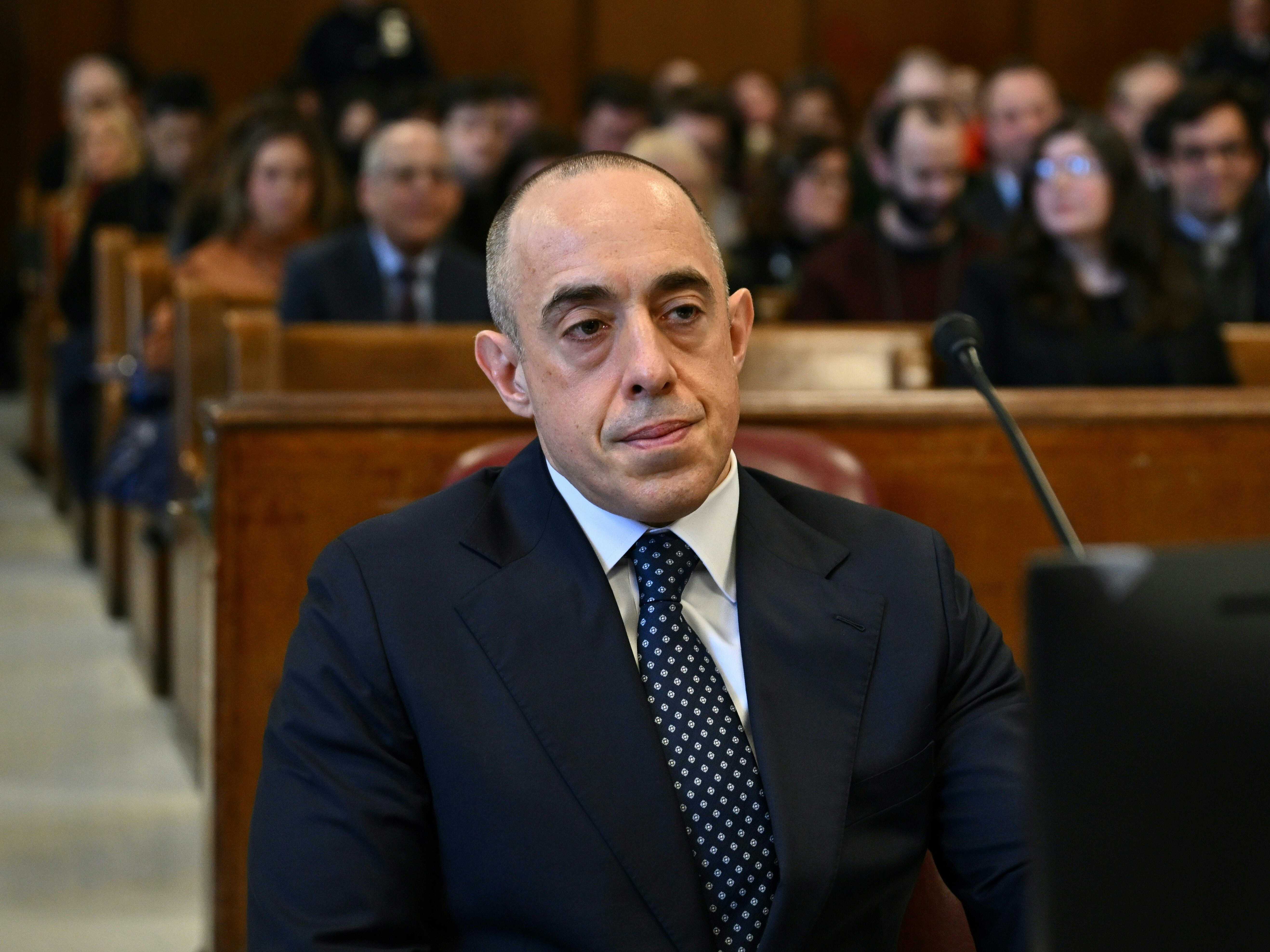 caption: Emil Bove, then Donald Trump's personal attorney, looks on at Trump's sentencing hearing in front of a New York state judge at Manhattan Criminal Court on Jan. 10, 2025, in New York City.