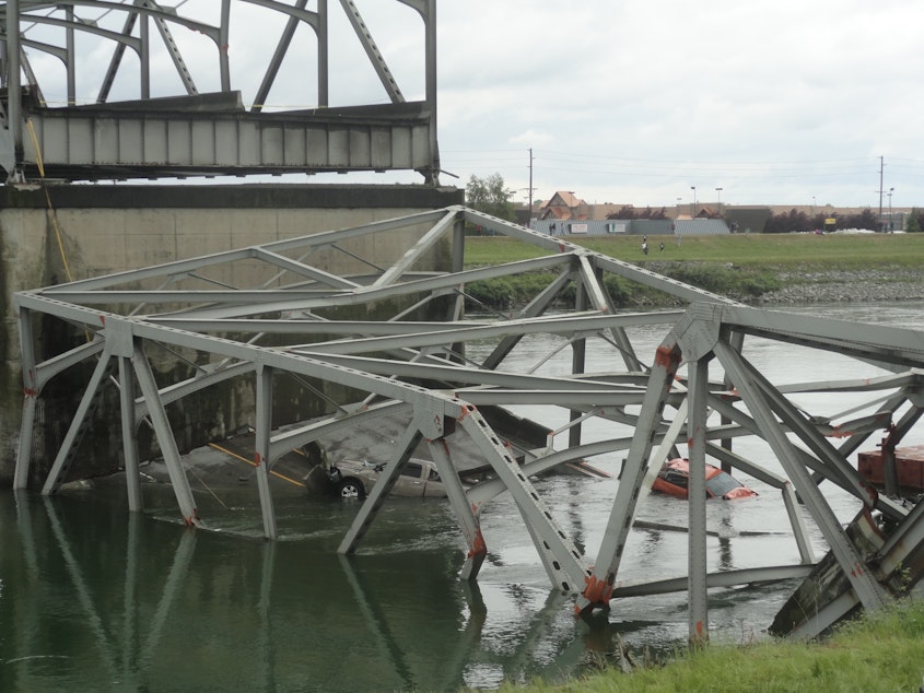 caption: The Interstate 5 bridge over the Skagit River collapsed a year ago after it was hit by a truck.