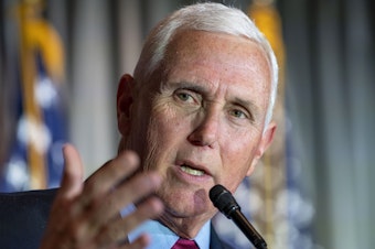 caption: Former Vice President Mike Pence speaks at a Coolidge and the American Project luncheon on Feb. 16. On Saturday, Pence criticized former President Donald Trump for his role in the Jan. 6, 2021, riot at the U.S. Capitol.
