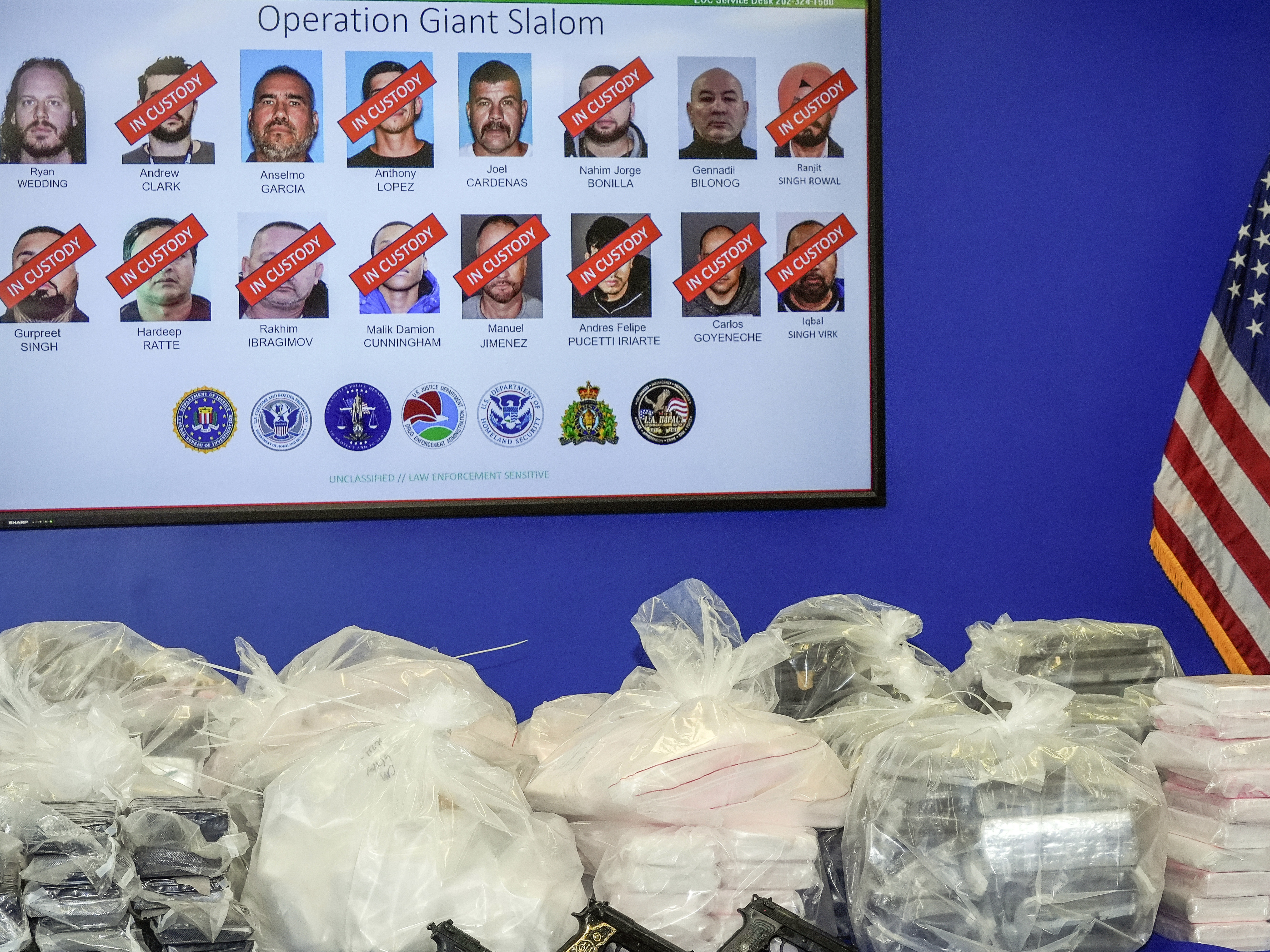 caption: Canadian former Olympic snowboarder Ryan Wedding, 43, who is a fugitive, is seen top left, with 15 other defendants who have been charged in a 16-count superseding indictment for allegedly running and participating in a transnational drug trafficking operation that routinely shipped hundreds of kilograms of cocaine, from Colombia, through Mexico and Canada and other locations in the United States.