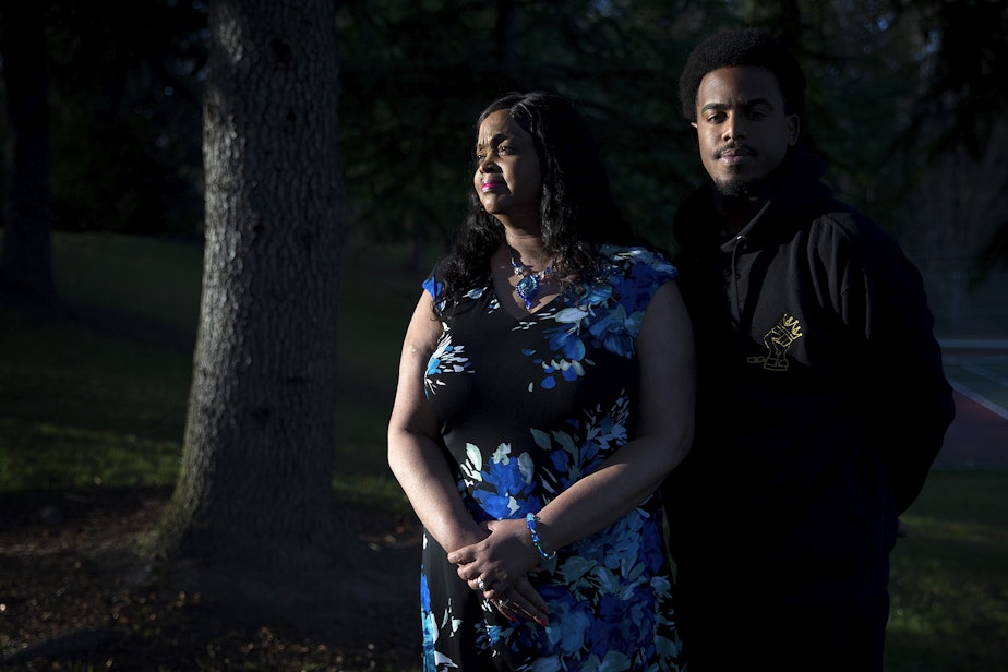 caption: Sanetta Hunter and Josiah Hunter at their home in Federal Way, Washington. Josiah Hunter recently won a lawsuit against Federal Way after an officer placed him in a neck restraint in 2014.
