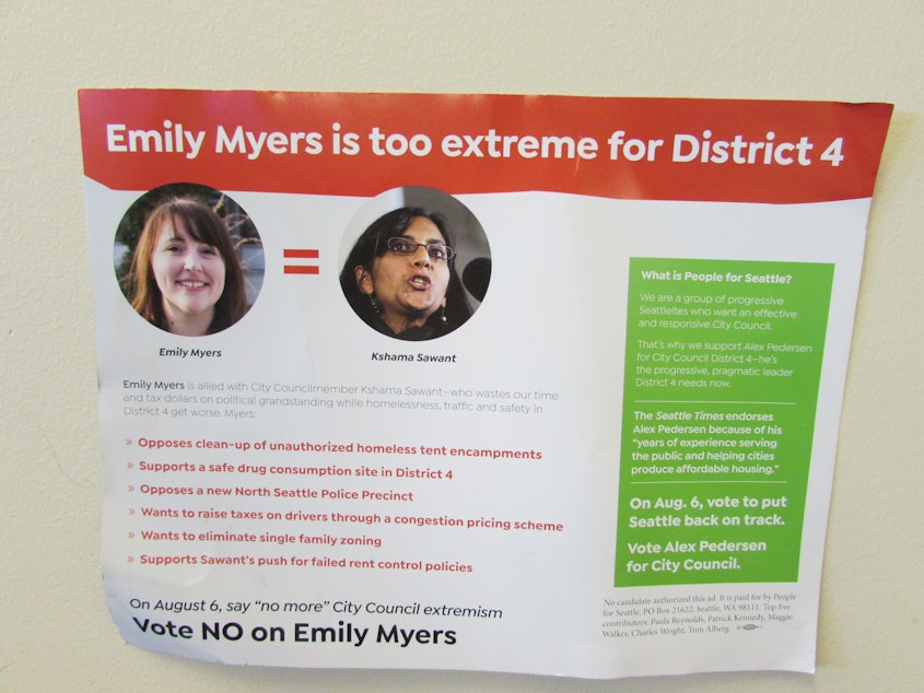 caption: The People for Seattle mailer equates city council candidate Emily Myers with incumbent Kshama Sawant. 