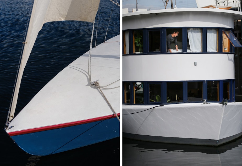 caption: (Left) A sailboat available for rent is docked at the Center for Wooden Boats, September 9. (Right) A woman is seen changing bedding in a houseboat docked in North Lake Union, September 15.