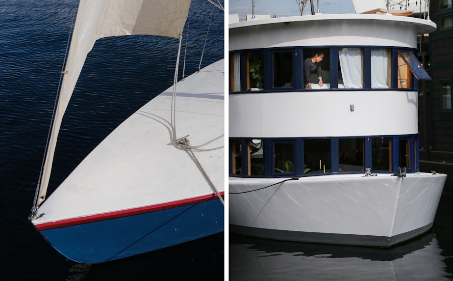 caption: (Left) A sailboat available for rent is docked at the Center for Wooden Boats, September 9. (Right) A woman is seen changing bedding in a houseboat docked in North Lake Union, September 15.