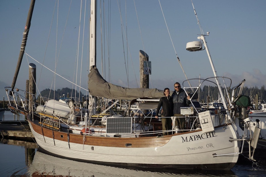 caption: Sarah Laidlaw and Rob Martin are sailing around the world on the 38-foot cruiser Mapache, seen here before departure at the Port of Ilwaco, Washington.