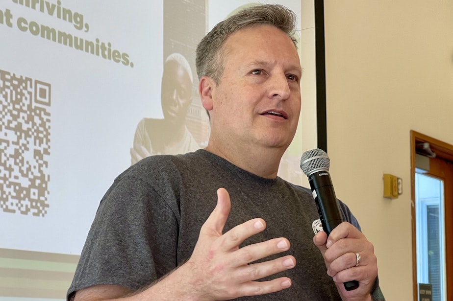 caption: Public Lands Commissioner Dave Upthegrove speaks at a workshop on tree equity in Tukwila, Washington, on June 9, 2025.