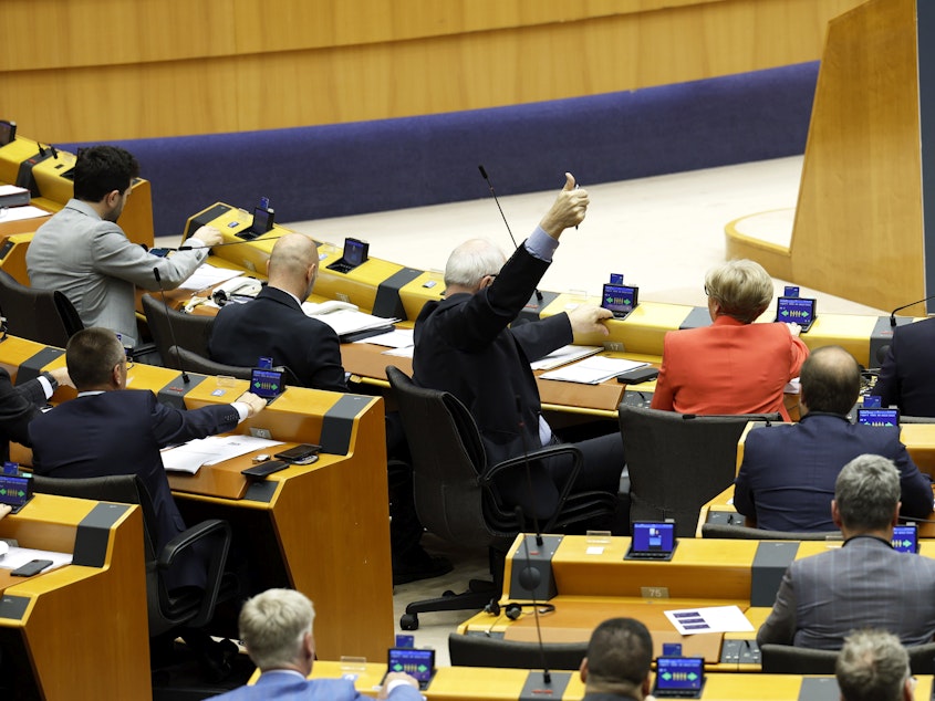 caption: Members of European Parliament participate in a series of votes as they attend a plenary session at the European Parliament in Brussels, Wednesday, April 10, 2024.