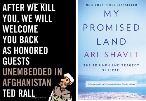 caption: Ted Rall's book, "After We Kill You, We Will Welcome You Back As Honored Guests," and Ari Shavit's book, "My Promised Land."