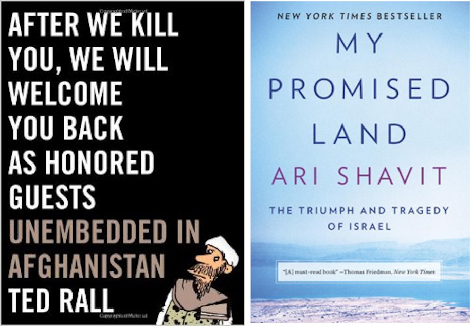 caption: Ted Rall's book, "After We Kill You, We Will Welcome You Back As Honored Guests," and Ari Shavit's book, "My Promised Land."