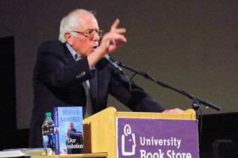 caption: Senator Bernie Sanders at University Temple United Methodist Church
